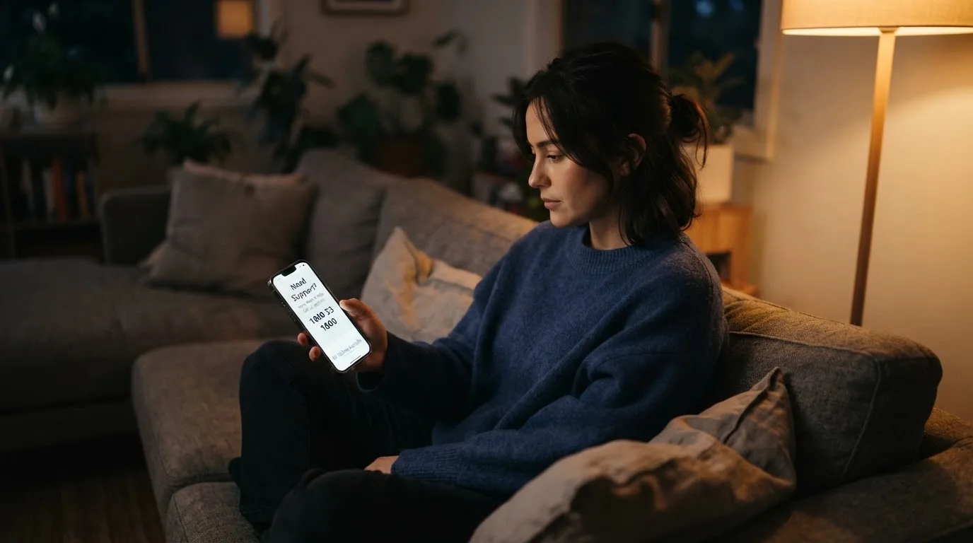 A person looks at a support-helpline page on a phone while sitting alone on a sofa.